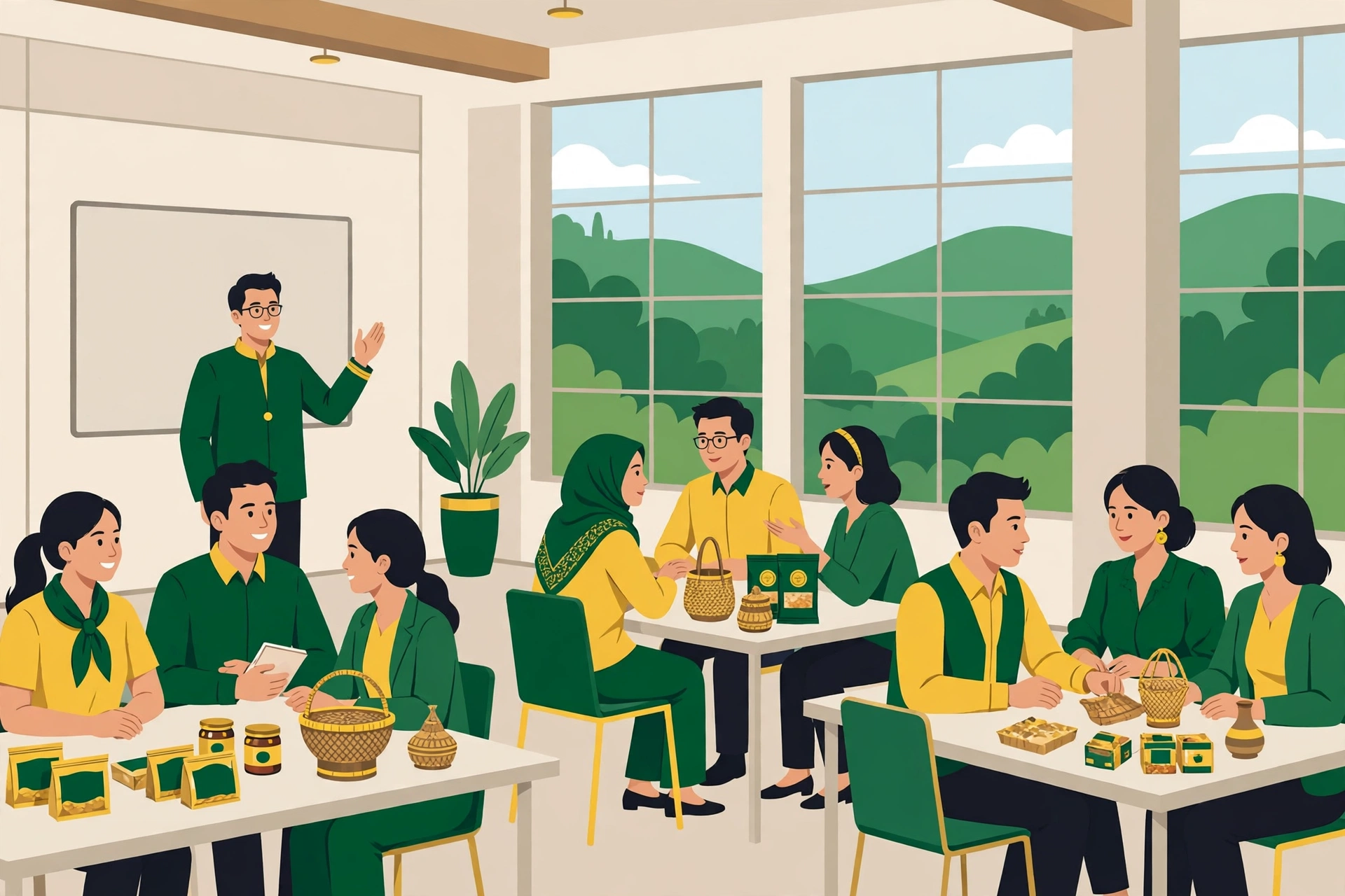 Pelatihan bisnis Magelang: pelaku usaha mikro berdiskusi di ruang pelatihan dengan papan materi kewirausahaan dan produk UMKM di meja