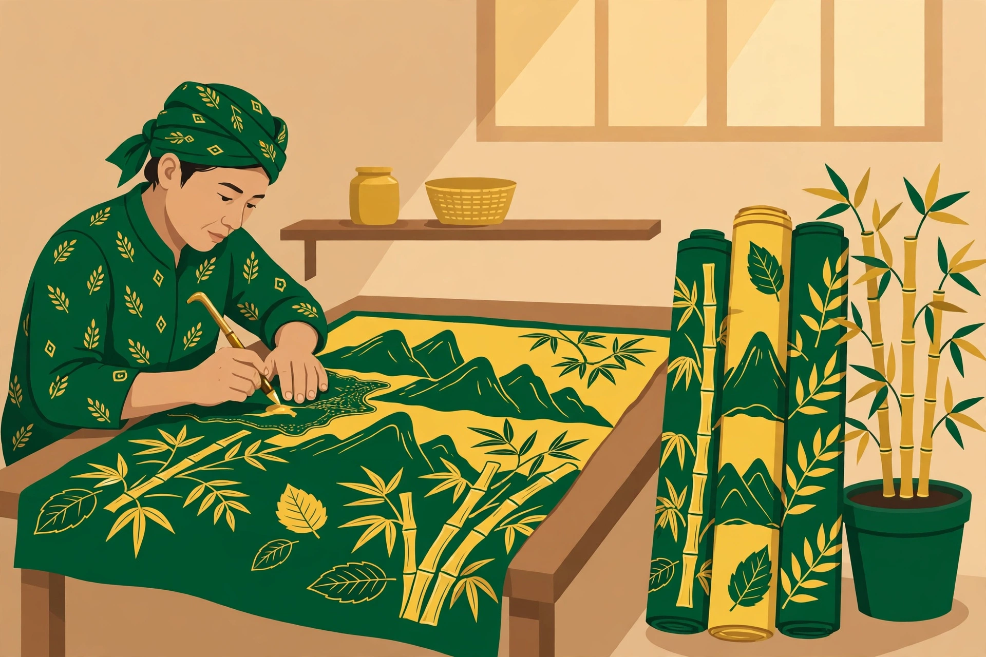 Batik Muntilan: Motif Alam Gunung Pring dan Jejak Batik Magelang yang Masih Muda 1 Batik Muntilan: kain batik bermotif pegunungan, daun, dan bambu hijau di atas meja canting