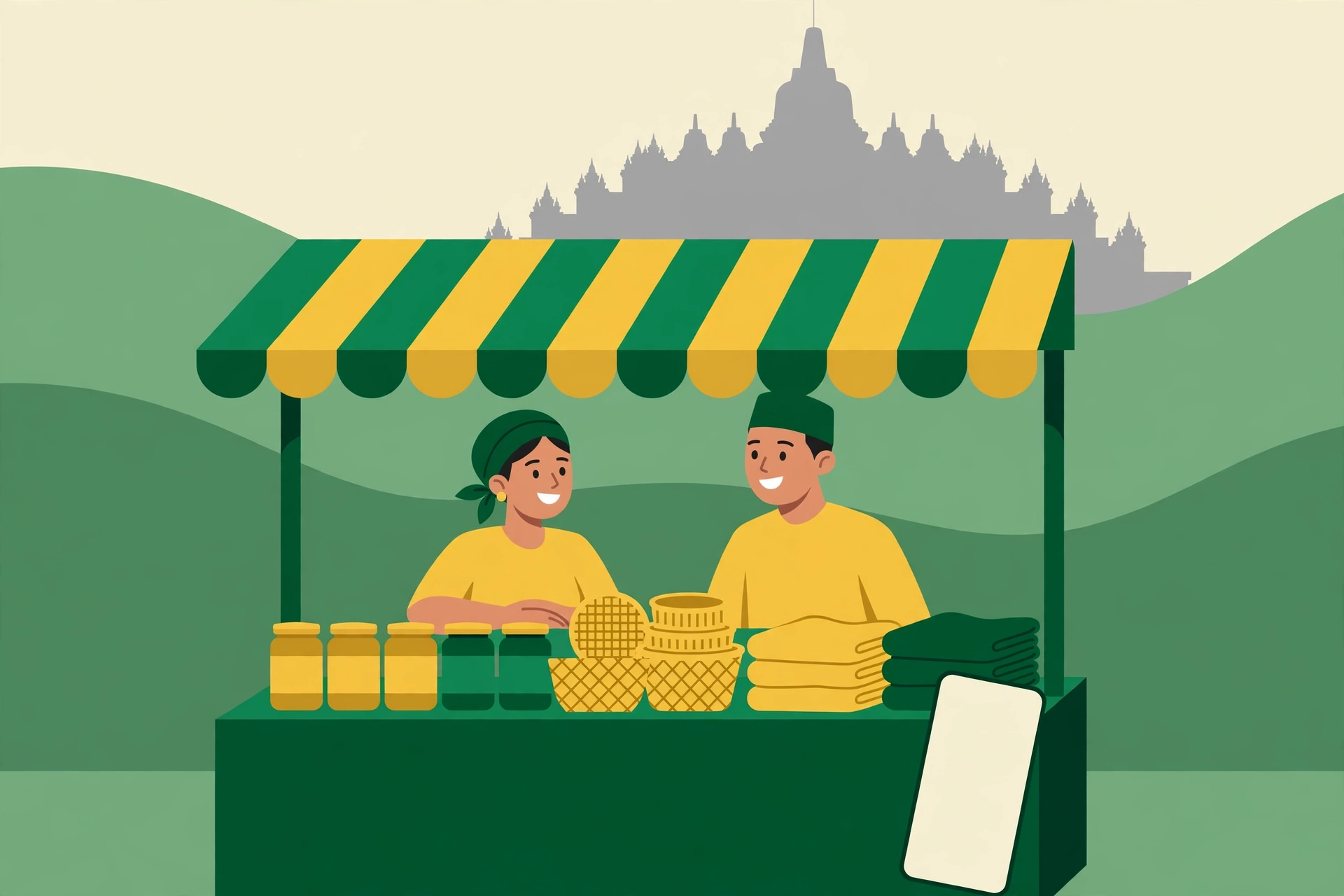 BPOB Dorong Pelaku Usaha Desa Penyangga Borobudur Perkuat Branding dan Pemasaran Digital 1 Desa penyangga Borobudur: ilustrasi pelaku usaha desa memamerkan produk kuliner dan kriya dengan siluet Candi Borobudur di latar