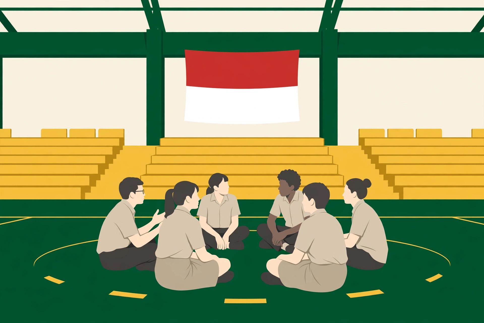 Wamensos Dorong IPM Magelang Perkuat Solidaritas Sosial dan Pendidikan 1 IPM Magelang: ilustrasi pelajar bermusyawarah di gedung olahraga dengan latar bendera merah putih