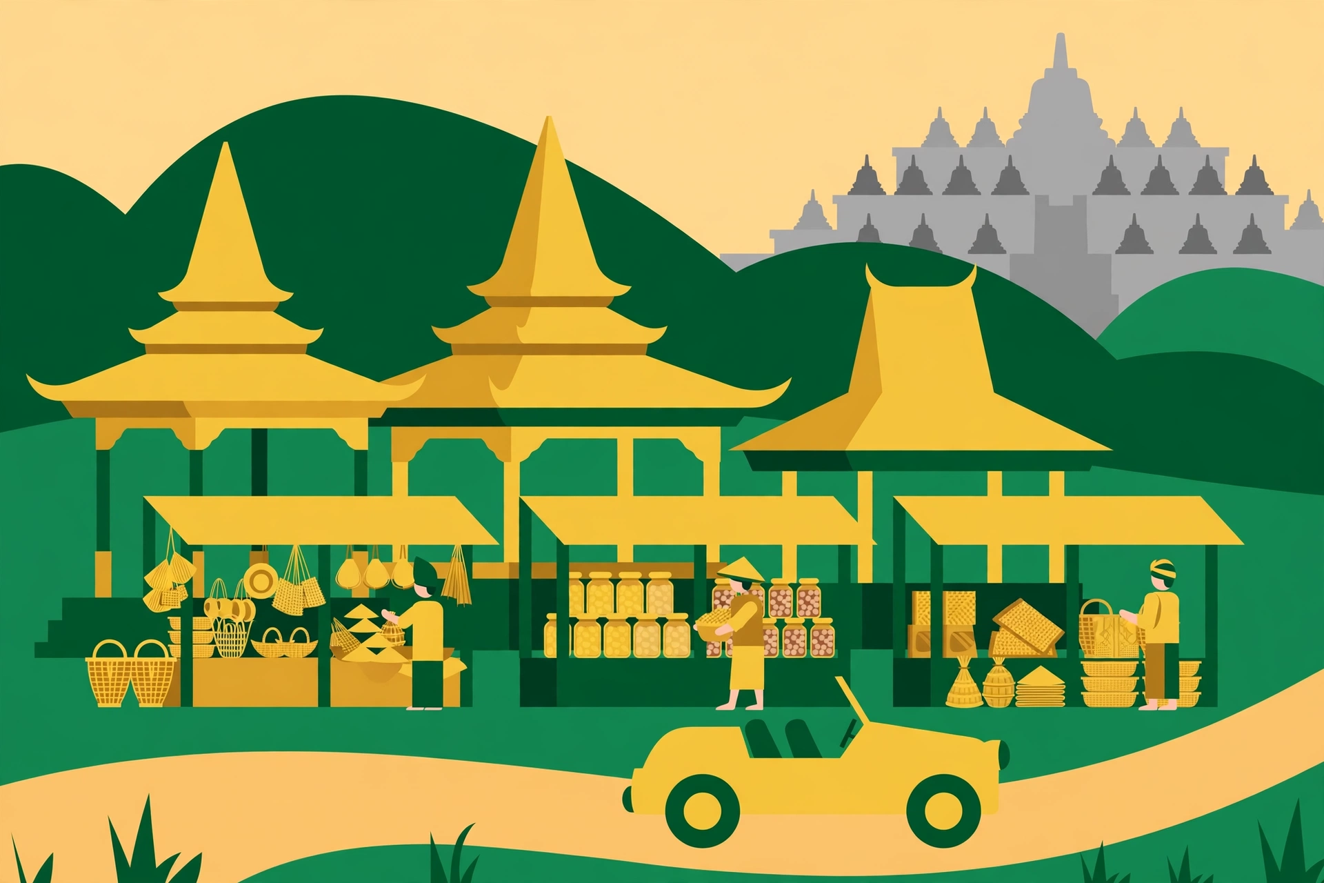 Balkondes Borobudur: ilustrasi deretan pendapa joglo dan kios UMKM desa dengan siluet Candi Borobudur dan perbukitan Menoreh di latar
