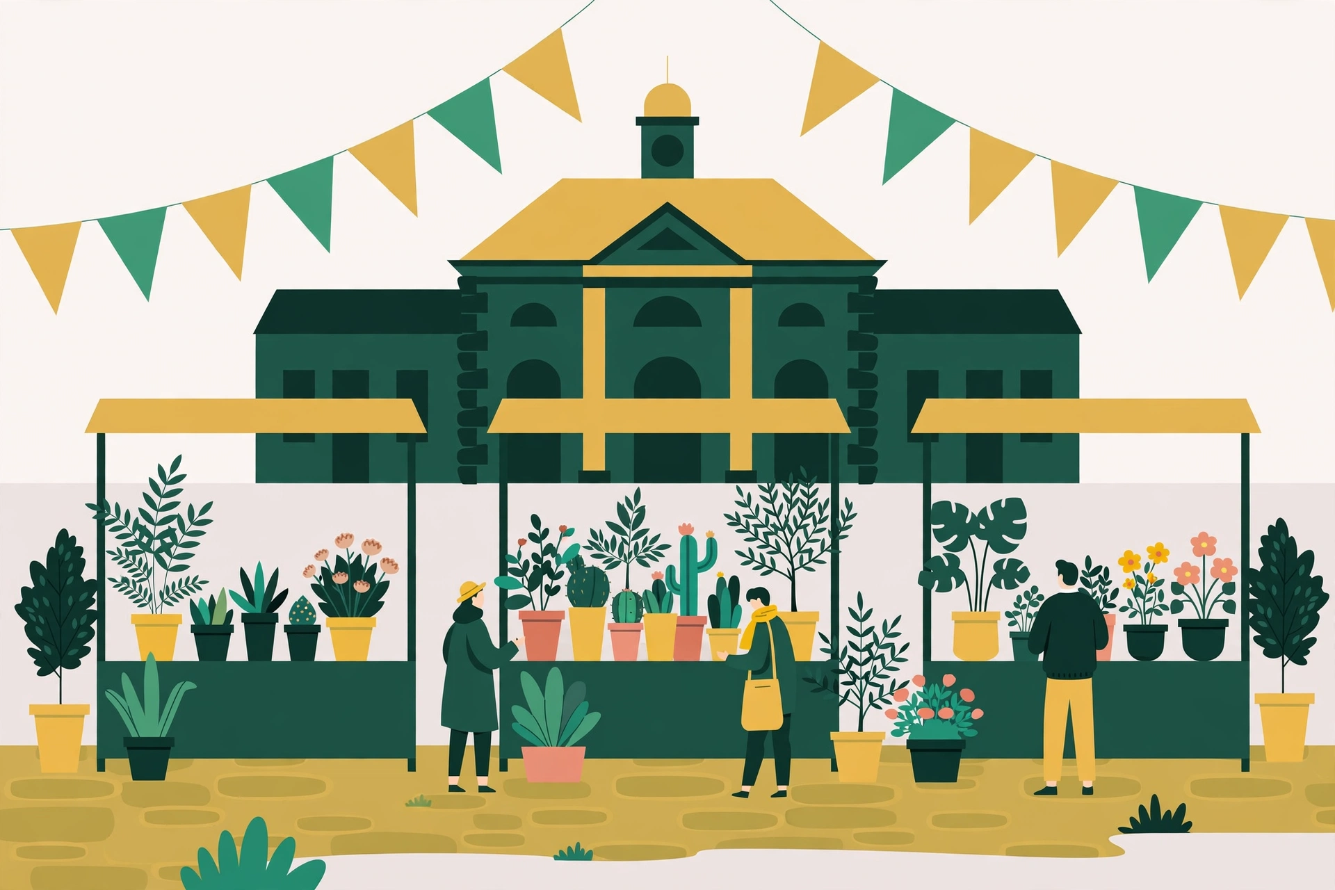 Magelang Flower Festival: ilustrasi stan tanaman hias warna-warni di alun-alun dengan pengunjung dan karnaval bunga