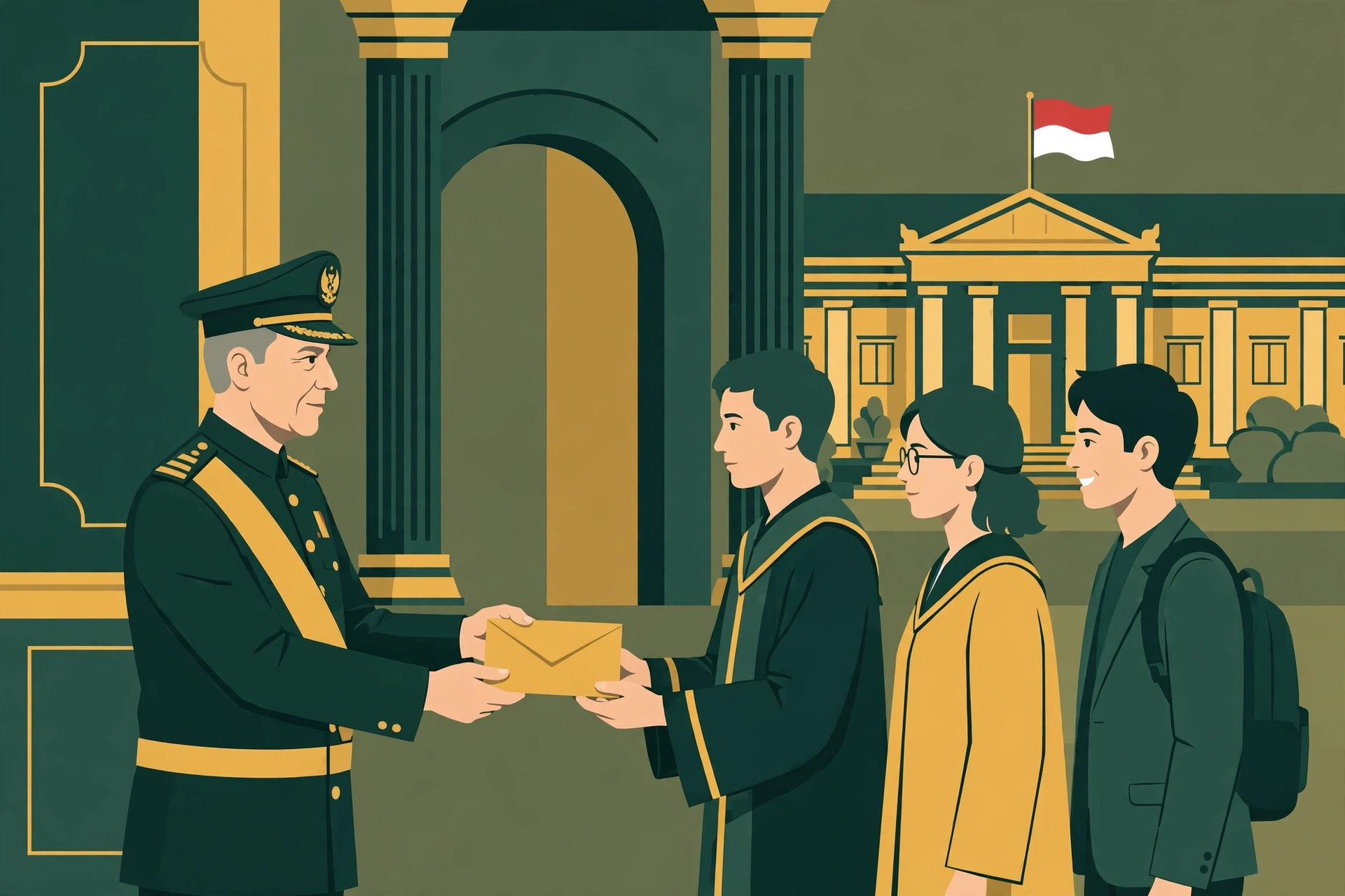 Pemuda Berprestasi Magelang: ilustrasi mahasiswa menerima beasiswa di aula dengan latar gedung pemerintah daerah