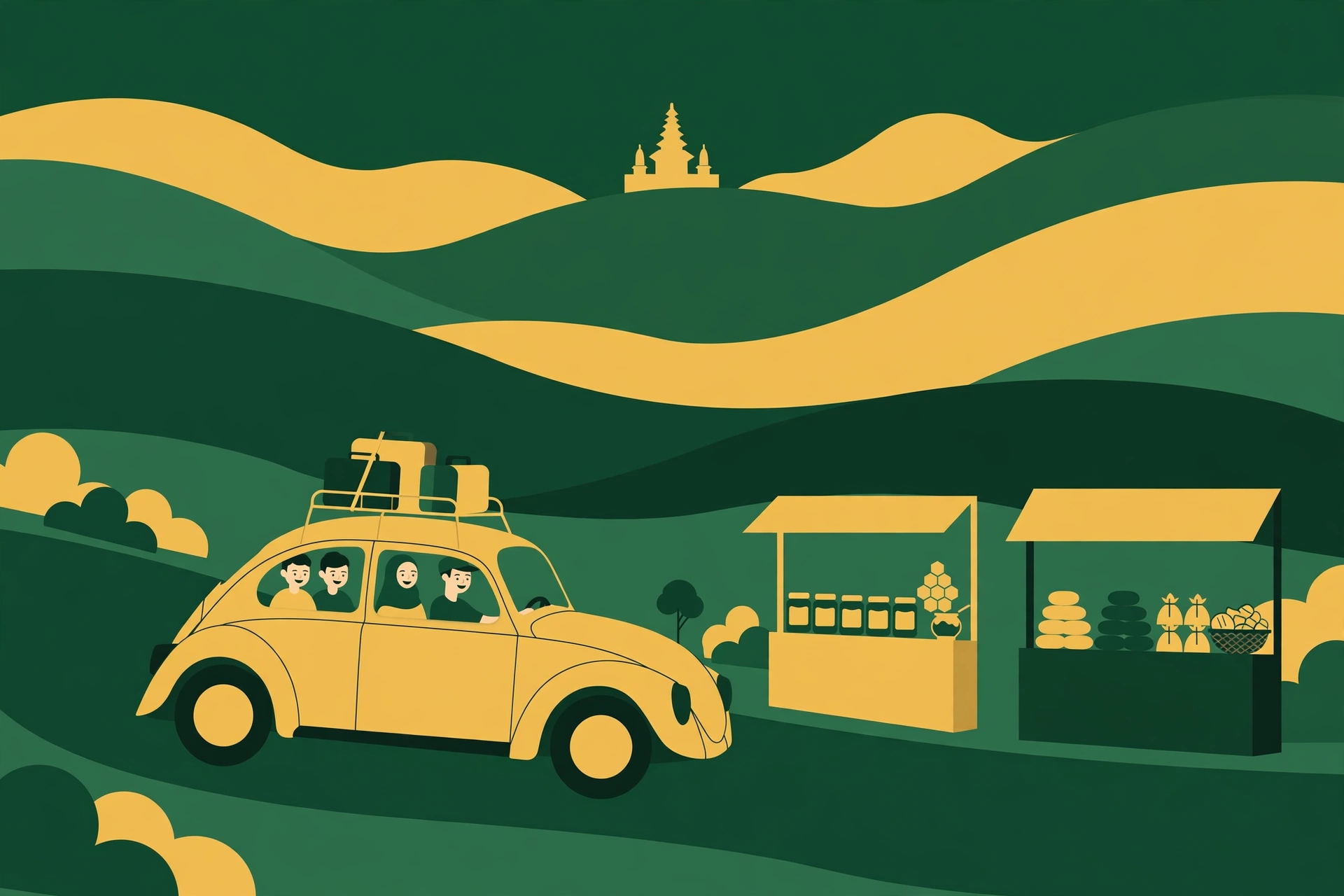 VW Klasik Borobudur: ilustrasi mobil VW klasik membawa keluarga menyusuri desa hijau dengan kios UMKM dan perbukitan Menoreh di latar