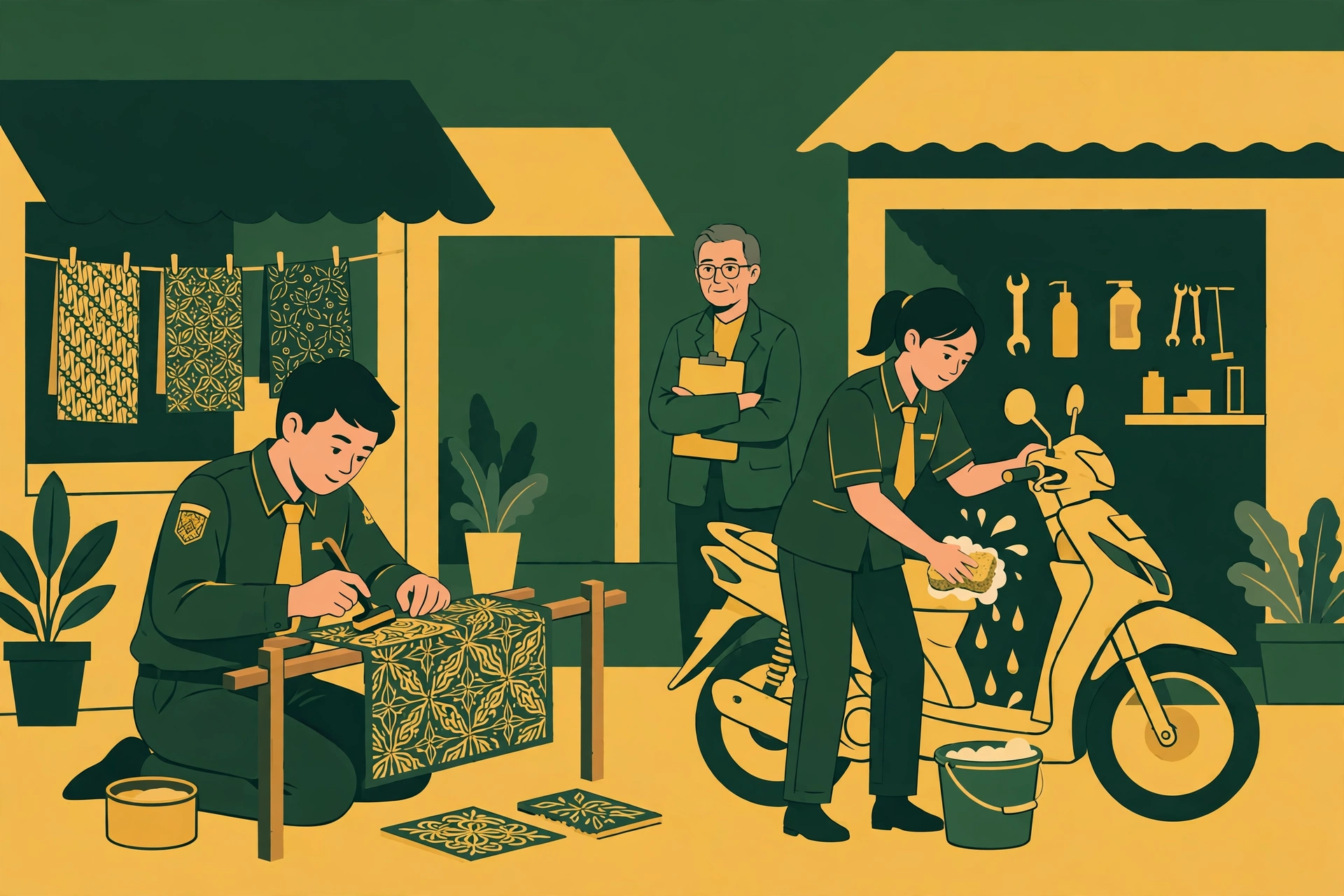 Siswa SLB Magelang: ilustrasi siswa berseragam praktik kerja di usaha lokal dengan pendamping guru di latar