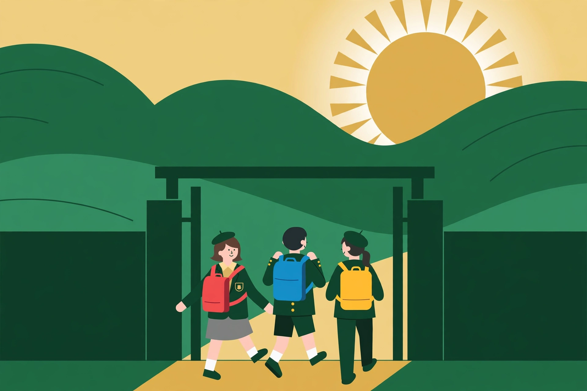 Anak Tidak Sekolah Magelang: ilustrasi anak-anak berseragam berjalan menuju gerbang sekolah di pagi hari dengan latar perbukitan