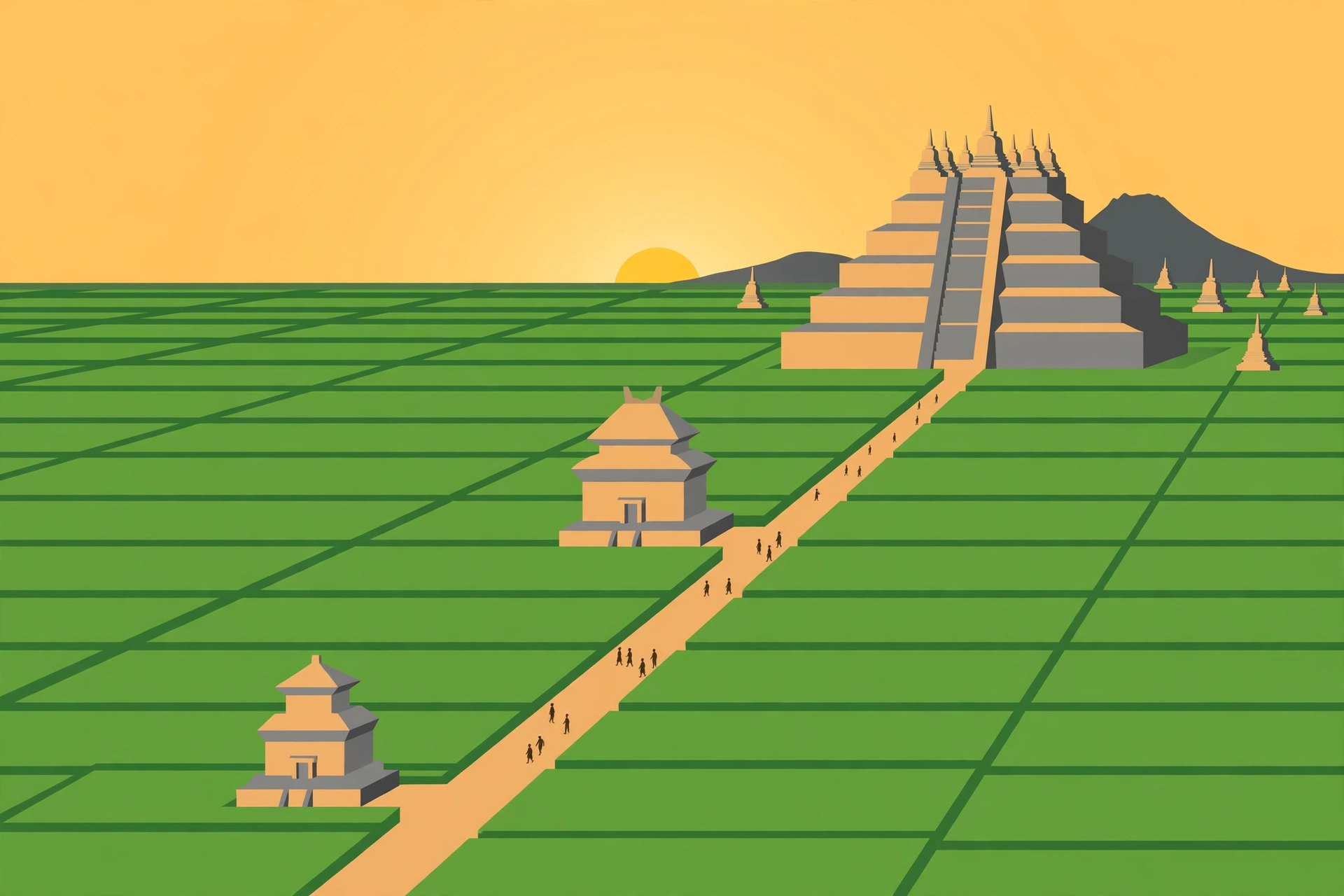 Sumbu Aksis Budaya: Garis Lurus Borobudur, Pawon, dan Mendut yang Menyimpan Tahapan Pencerahan 1 Ilustrasi tiga candi Buddha berderet pada satu garis lurus di dataran hijau dengan matahari terbit