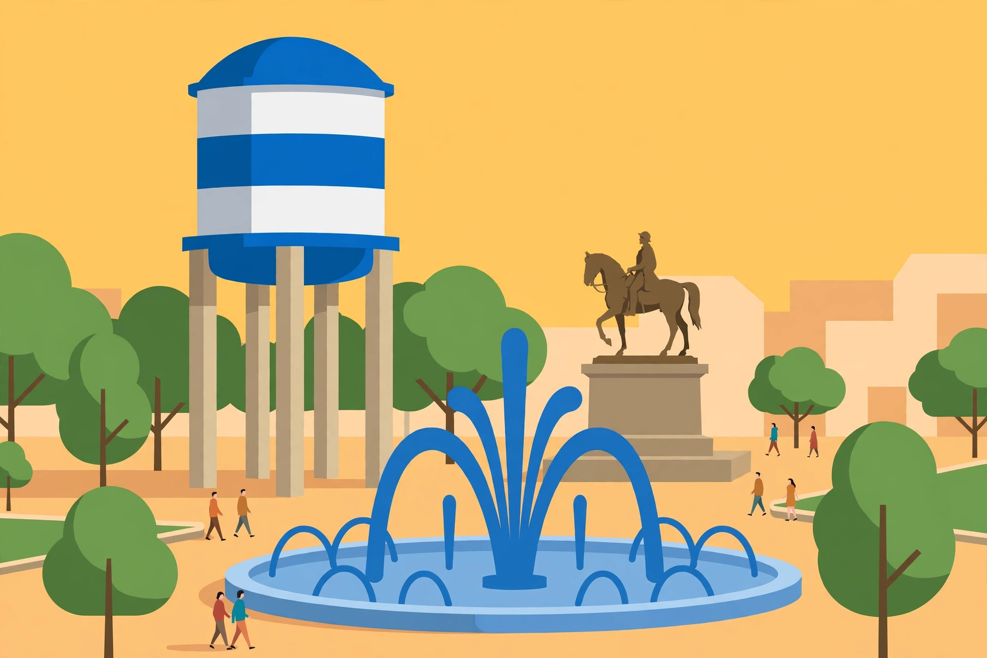 Ilustrasi menara air bundar biru-putih di alun-alun dengan patung berkuda dan air mancur