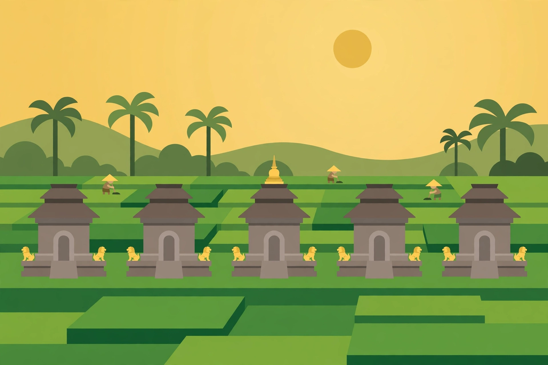 Ilustrasi lima candi kecil berjajar di tengah sawah dengan arca singa di sudut kakinya