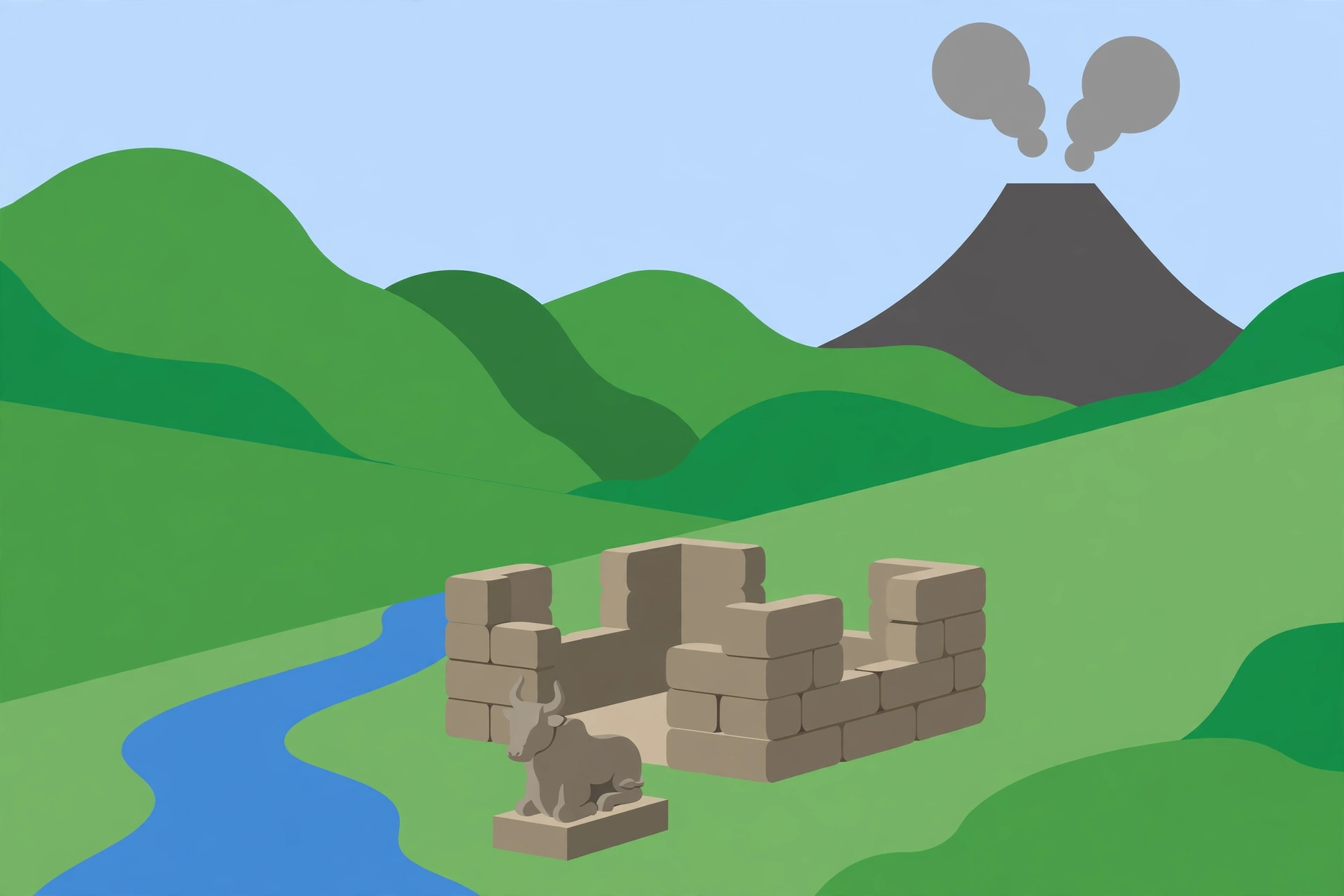 Candi Asu Sengi: Candi Hindu di Lereng Merapi yang Tidak Pernah Selesai Dibangun 1 Ilustrasi candi batu tanpa atap di lereng gunung berapi dengan patung lembu di depannya