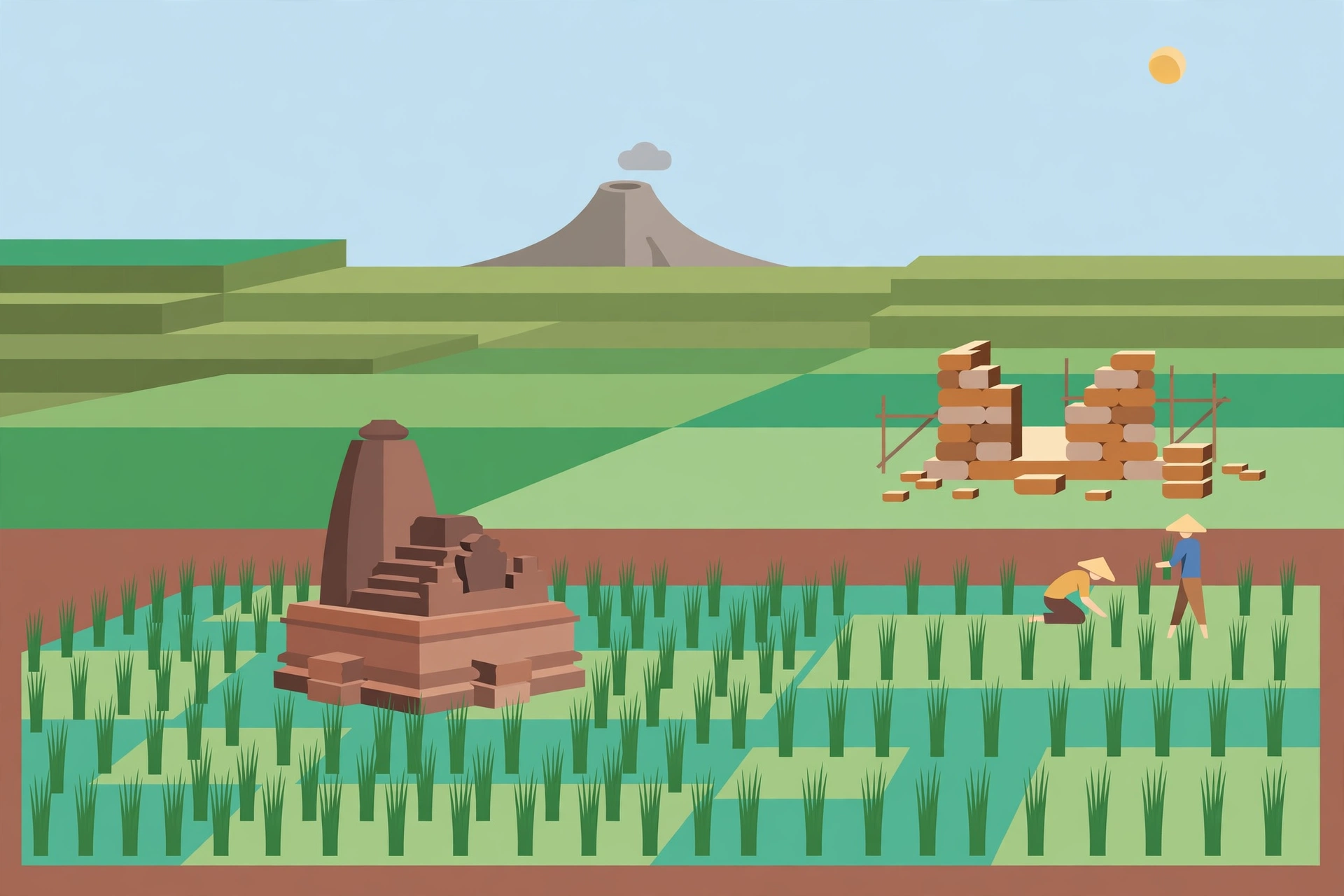 Candi Pendem di Sengi: Candi yang Terpendam di Tengah Sawah, Tetangga Candi Asu dan Lumbung 1 Ilustrasi candi kecil di tengah sawah dengan bangunan candi lain yang sedang disusun ulang