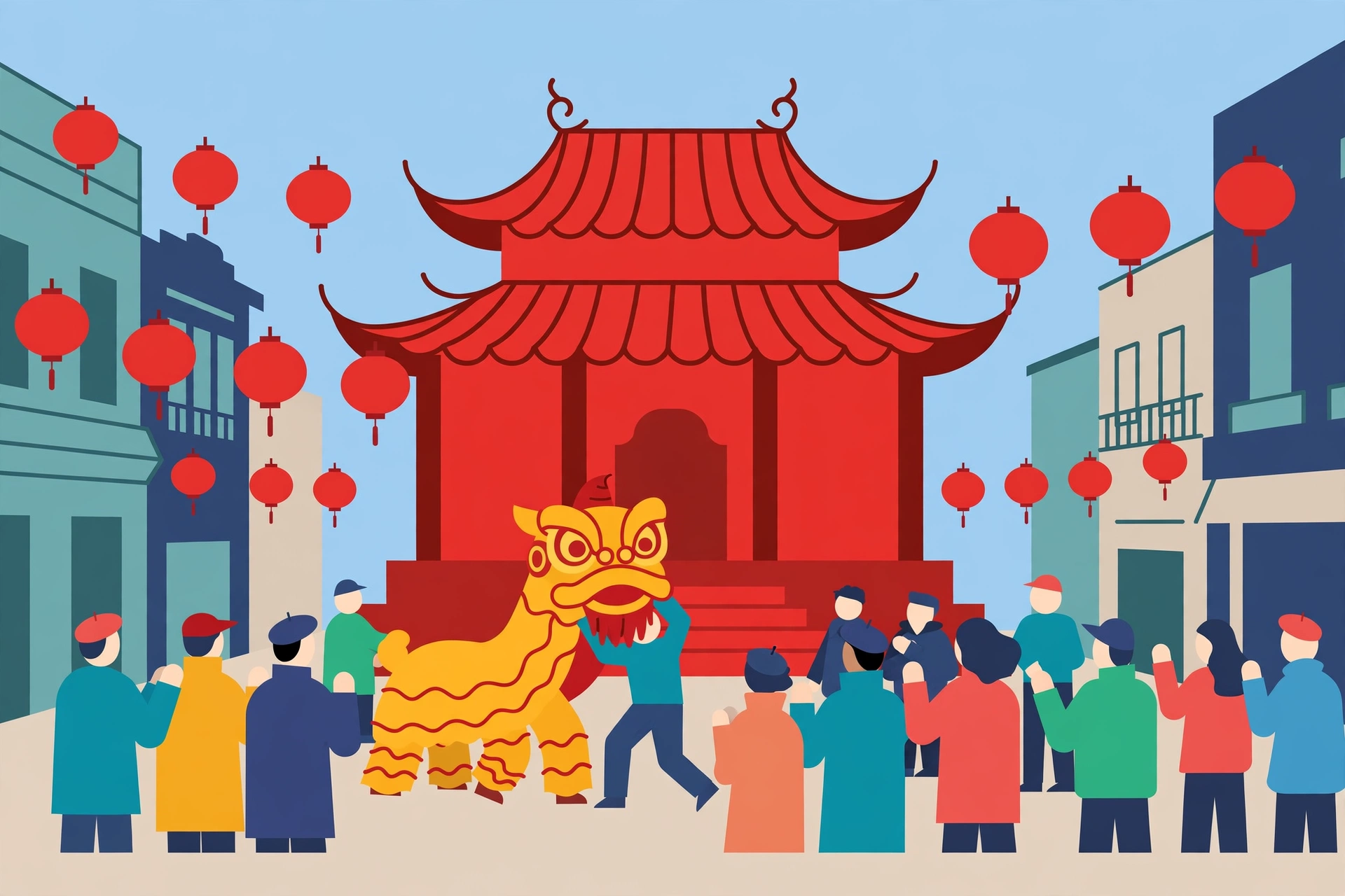Ilustrasi kelenteng merah dengan barongsai dan lampion di jalan Pecinan