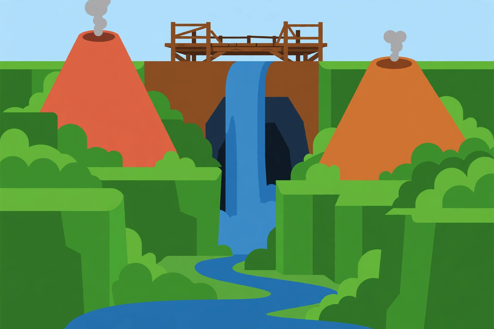Curug Kedung Kayang, Sawangan: Air Terjun di Lereng Merapi-Merbabu yang Bisa Dinikmati dari Atas dan Bawah 1 Ilustrasi air terjun di antara dua gunung berapi dengan gardu pandang kayu