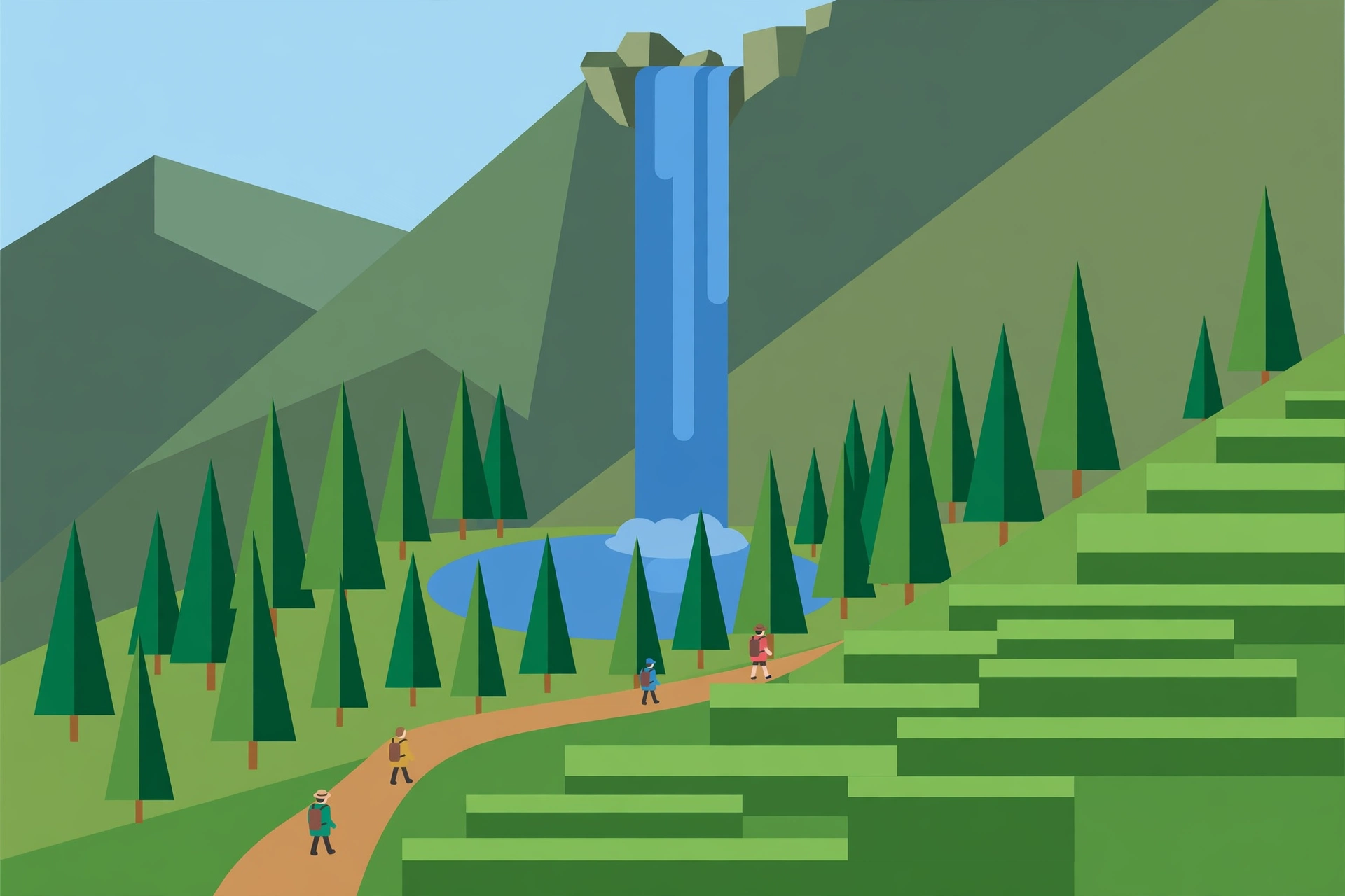 Curug Silawe di Sutopati, Kajoran: Panduan Wisata Air Terjun di Lereng Selatan Gunung Sumbing 1 Ilustrasi air terjun tinggi jatuh ke kolam jernih di tengah hutan pinus dan sawah bertingkat