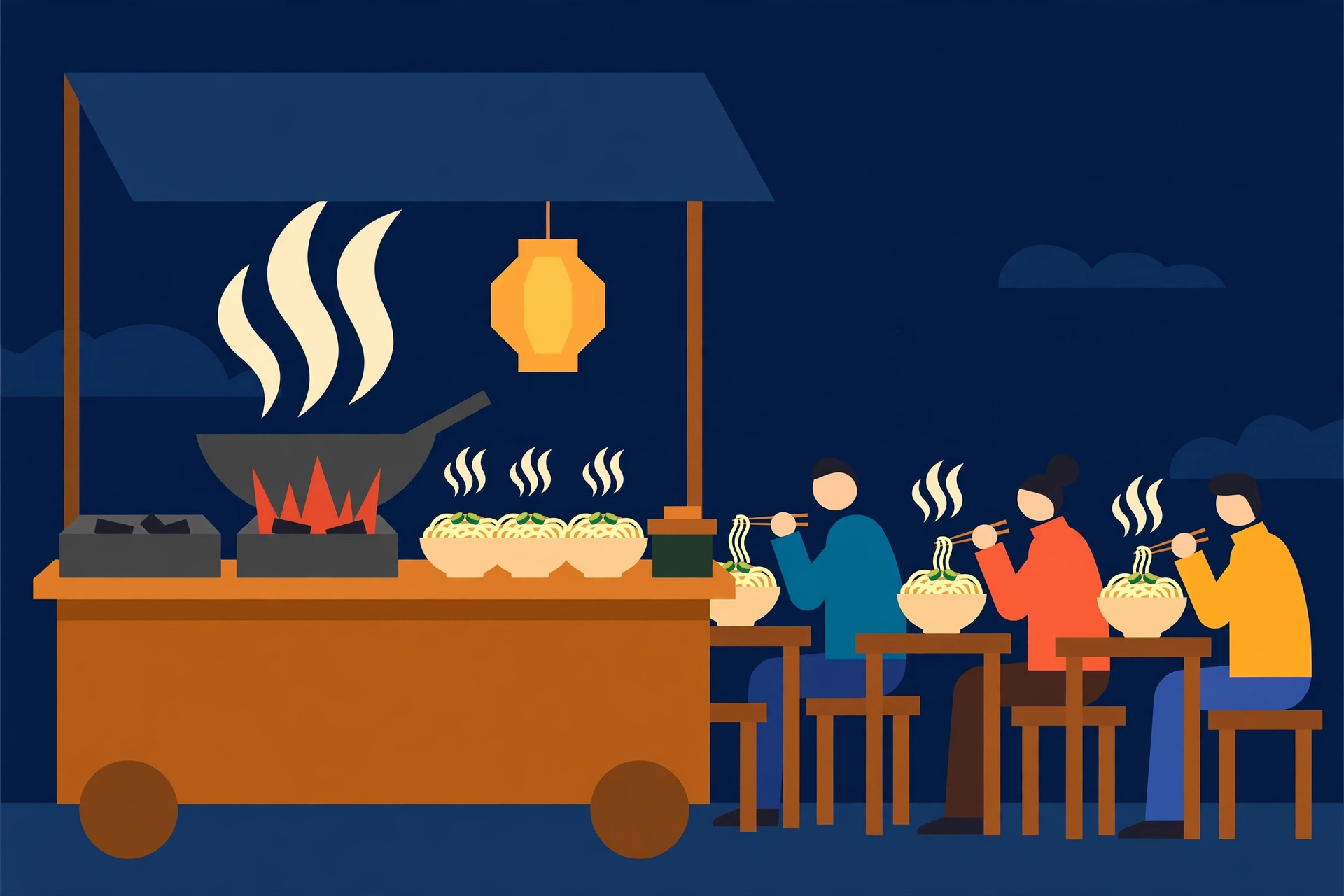 Bakmi Magelang: Godhog, Goreng, dan Nyemek dari Food Court Alun-Alun sampai Warung Legendaris 1 Ilustrasi warung bakmi malam dengan wajan di atas arang dan mangkuk mengepul