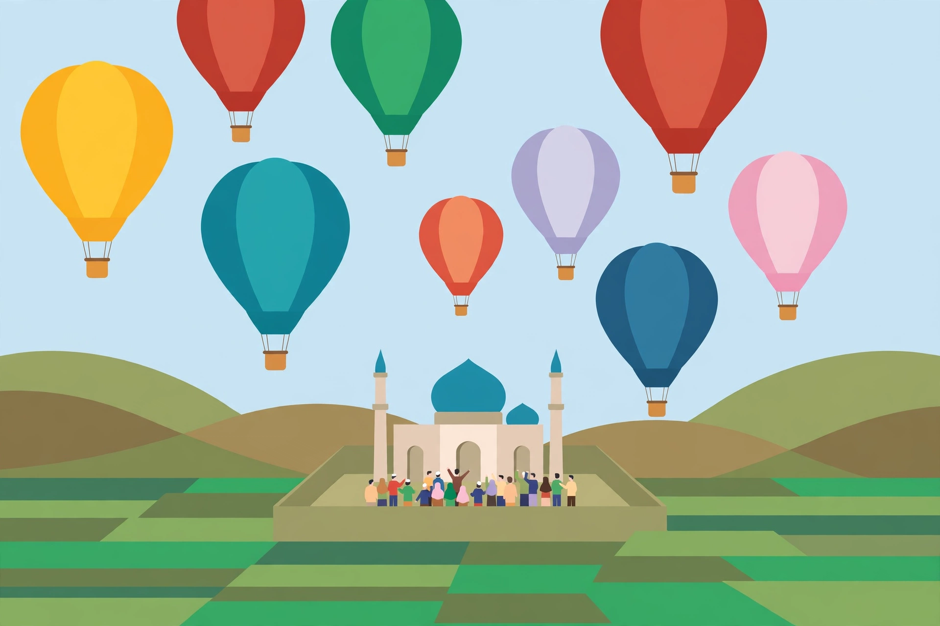 Festival Balon Syawalan Payaman: Langit Kauman yang Berubah Tema Setiap Tahun 1 Ilustrasi balon udara warna-warni di atas halaman masjid dan sawah