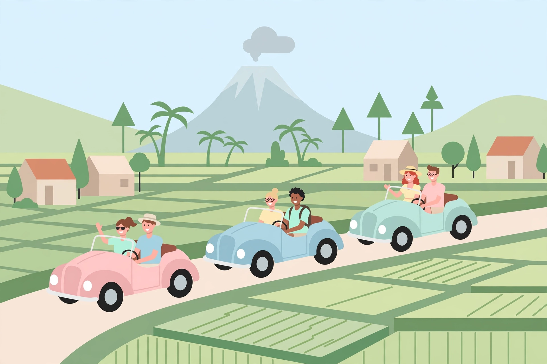 Ilustrasi mobil VW klasik atap terbuka melintasi sawah desa