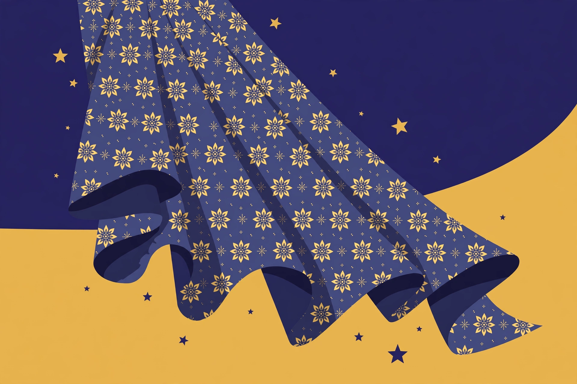 Ilustrasi kain batik bermotif bintang Truntum warna indigo dan emas