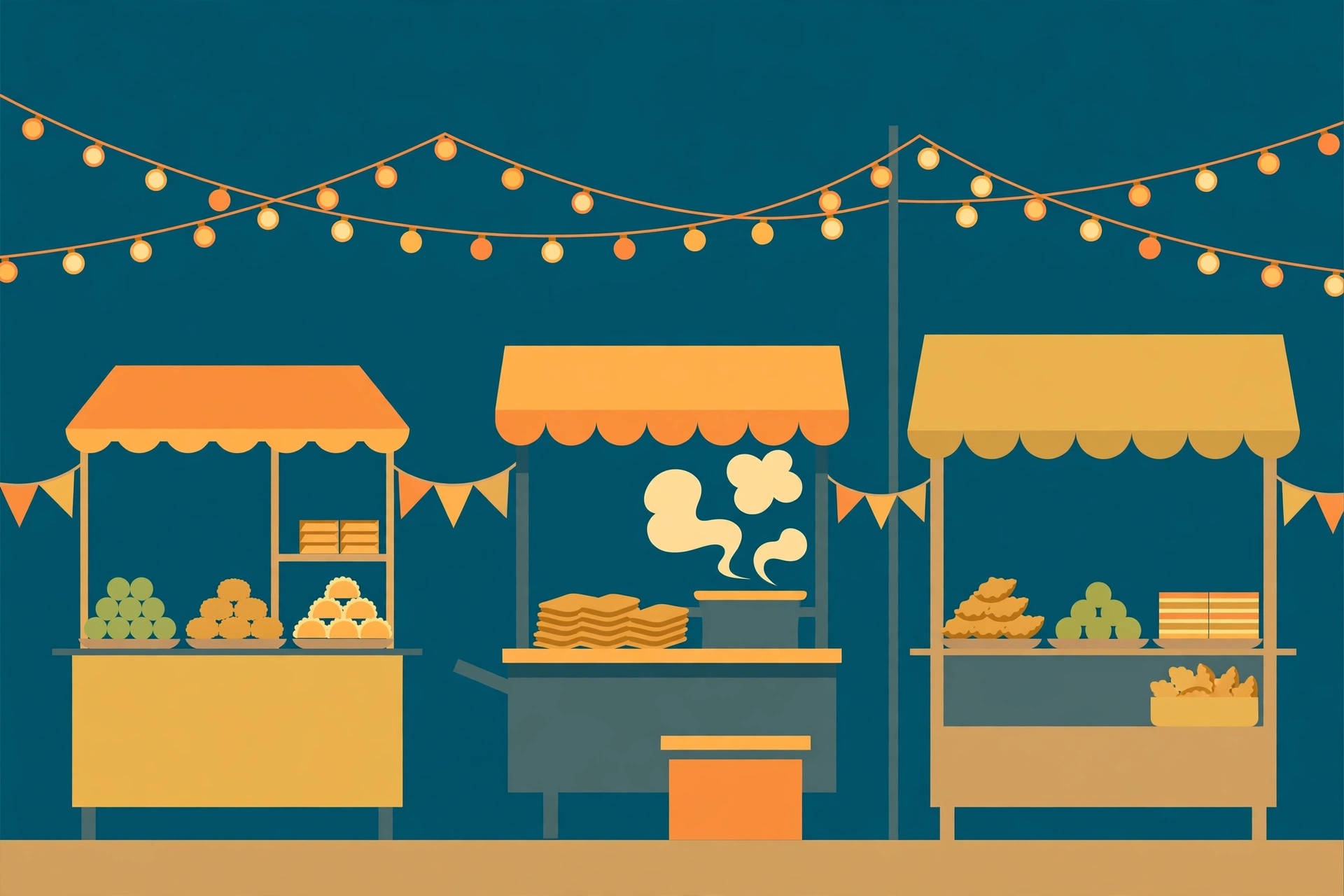 Wisata Kuliner di Rindam Magelang, Jajanan Pasar Murah hingga Street Food 1 Ilustrasi lapak kuliner malam dengan lampu gantung dan jajanan warna-warni
