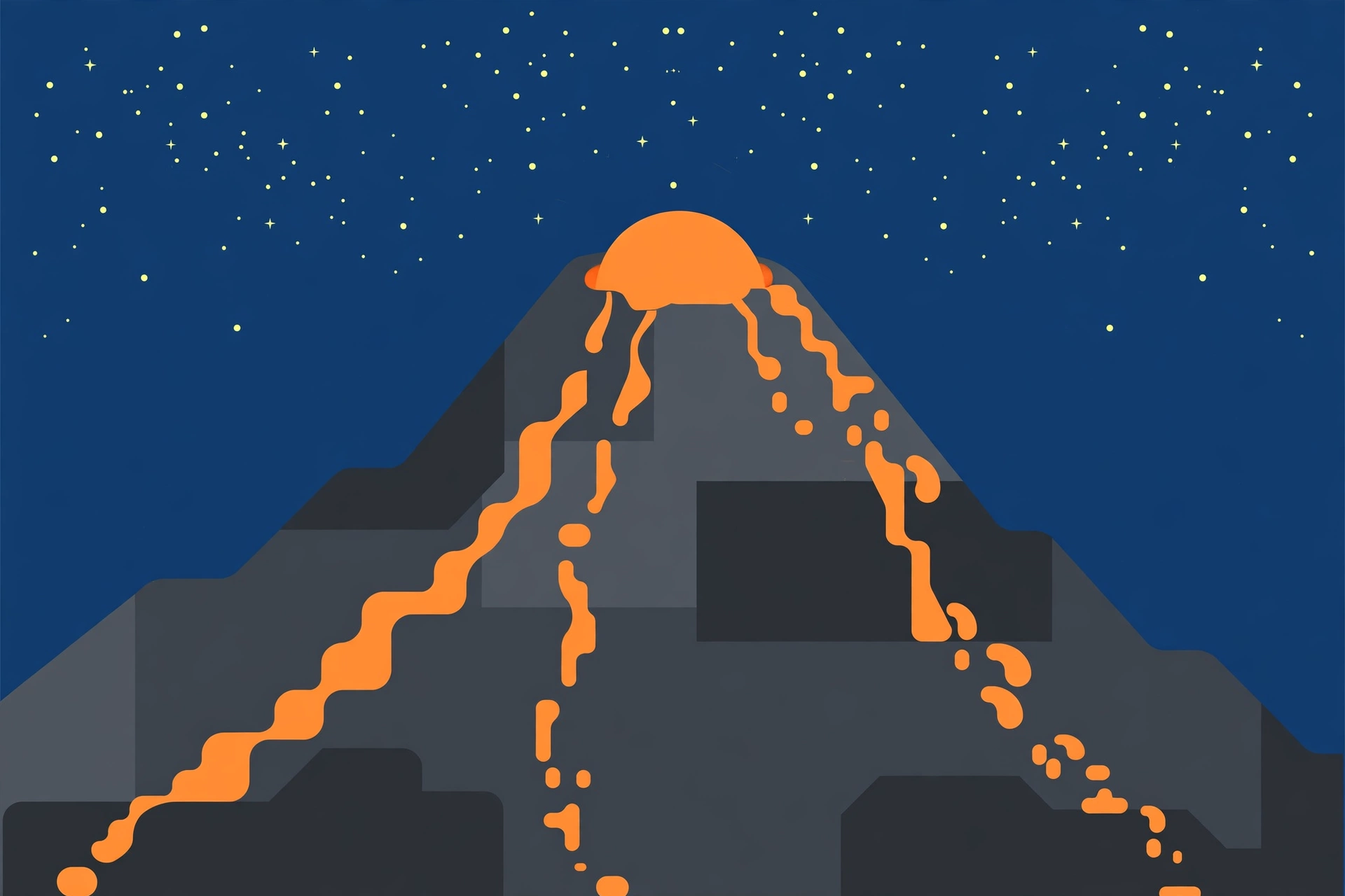 Ilustrasi Gunung Merapi malam hari dengan kubah lava berpijar dan aliran lava