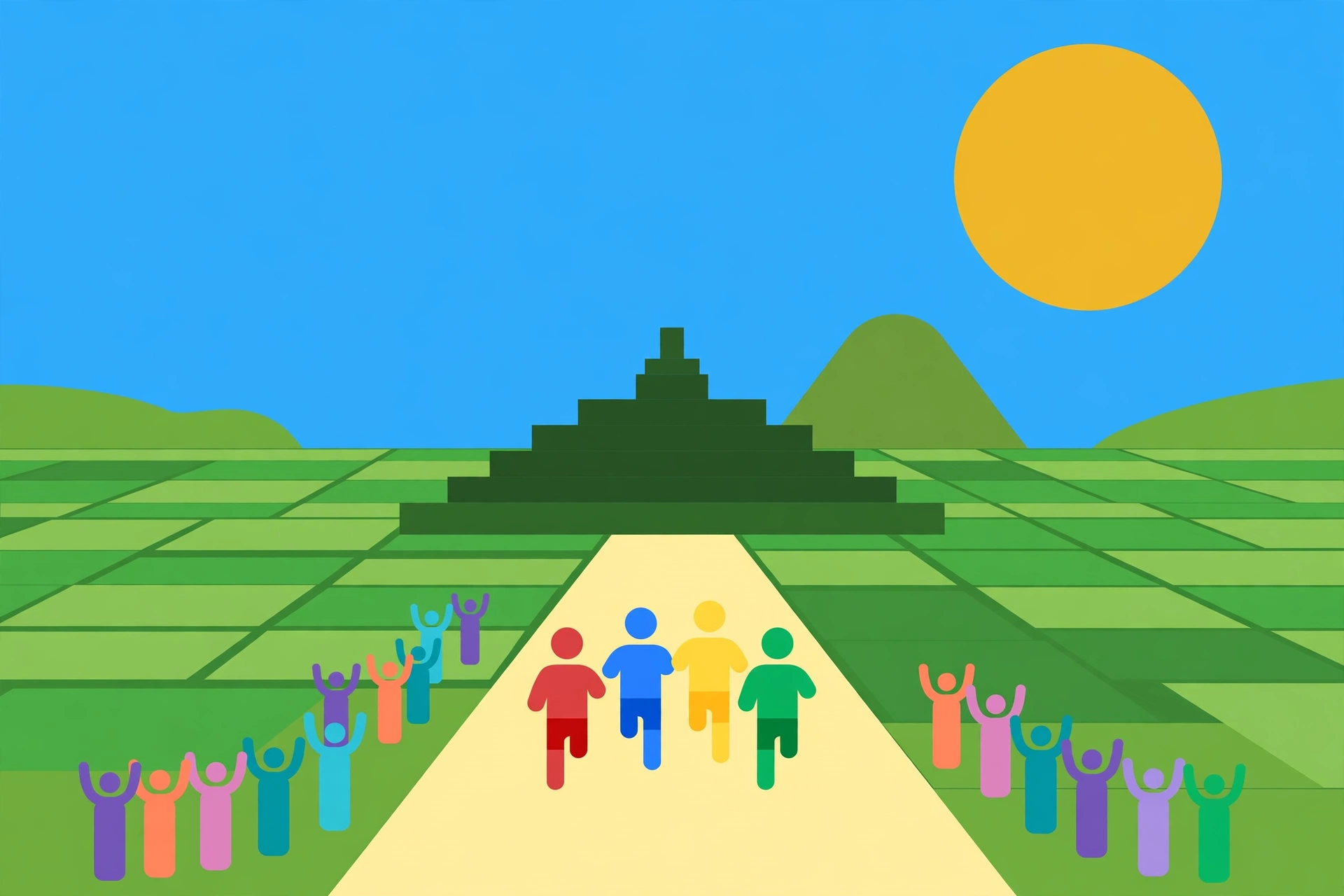 Ilustrasi pelari Borobudur Marathon berlari menuju Candi Borobudur dengan latar sawah dan matahari terbit