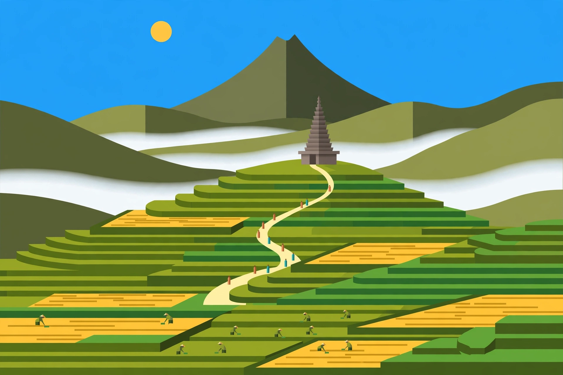 Ilustrasi Candi Selogriyo di puncak bukit di antara sawah terasering lereng Gunung Sumbing