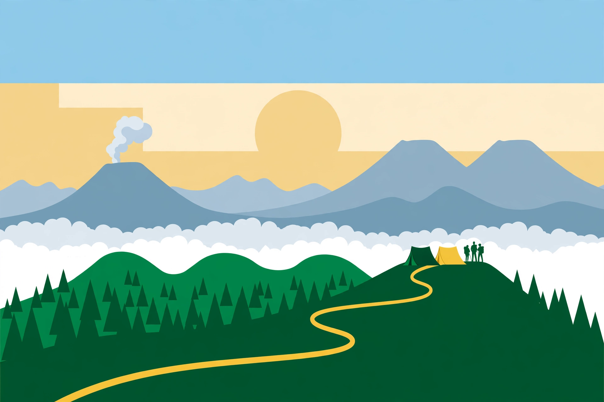 Gunung Andong: Panduan Lengkap Mendaki Gunung Bintang Lima Favorit Pemula di Magelang 1 Gunung Andong: ilustrasi matahari terbit di atas punggungan pinus hijau dengan tenda pendaki, lautan awan, dan siluet gunung-gunung di Magelang