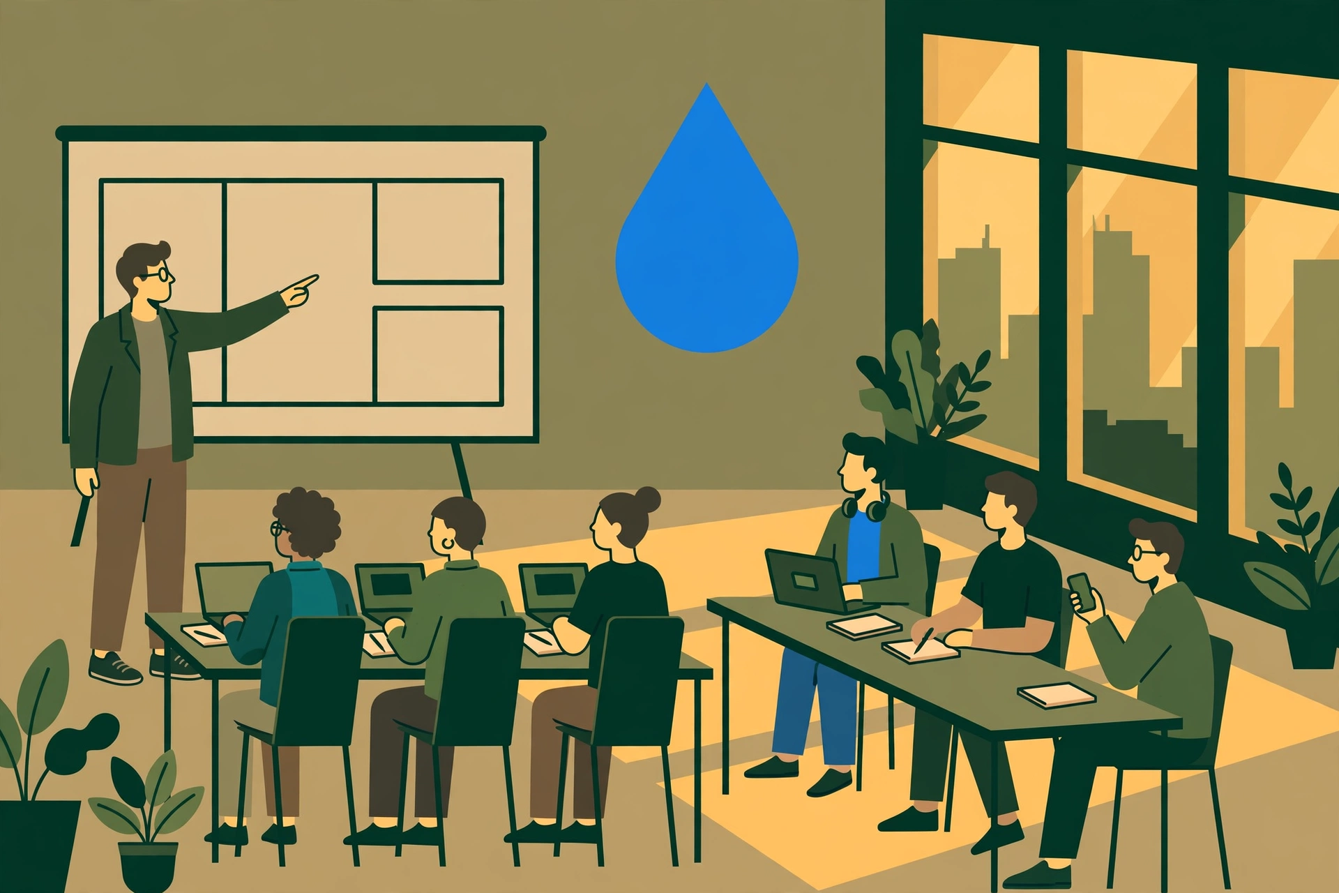 Ilustrasi pelatihan jurnalistik bagi karyawan PDAM Kota Magelang dengan simbol tetesan air biru di dinding ruangan