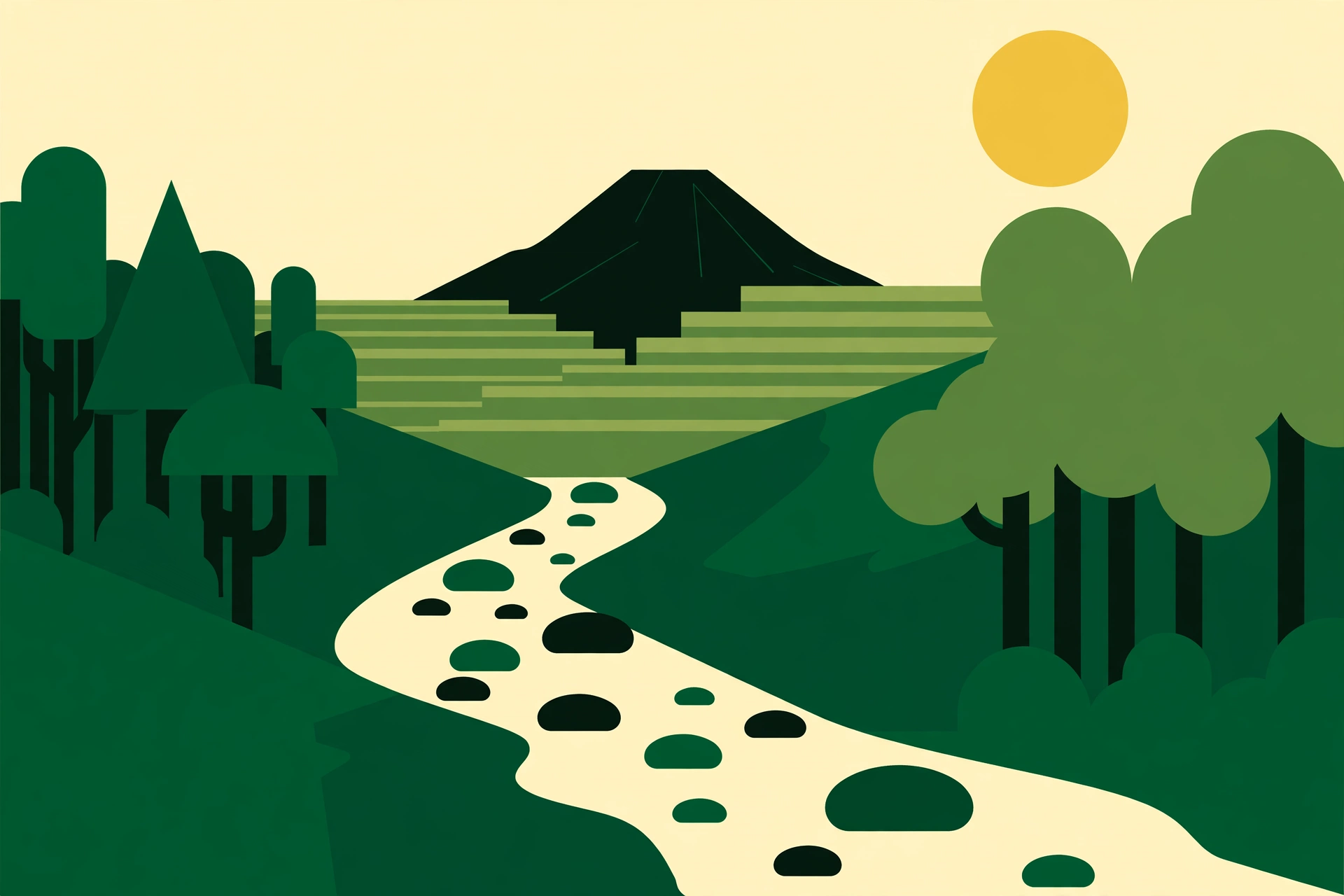 Ilustrasi aliran sungai dan pepohonan di kawasan kelestarian air lereng Merapi dengan Gunung Merapi dan lahan berteras di latar belakang