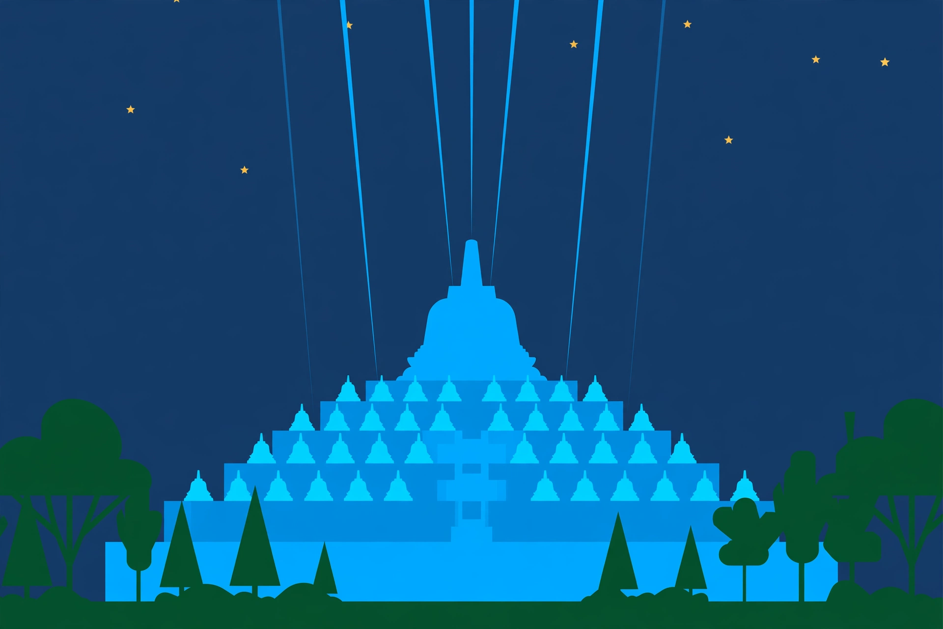 Ilustrasi Candi Borobudur bersinar biru di malam hari pada peringatan Hari PBB