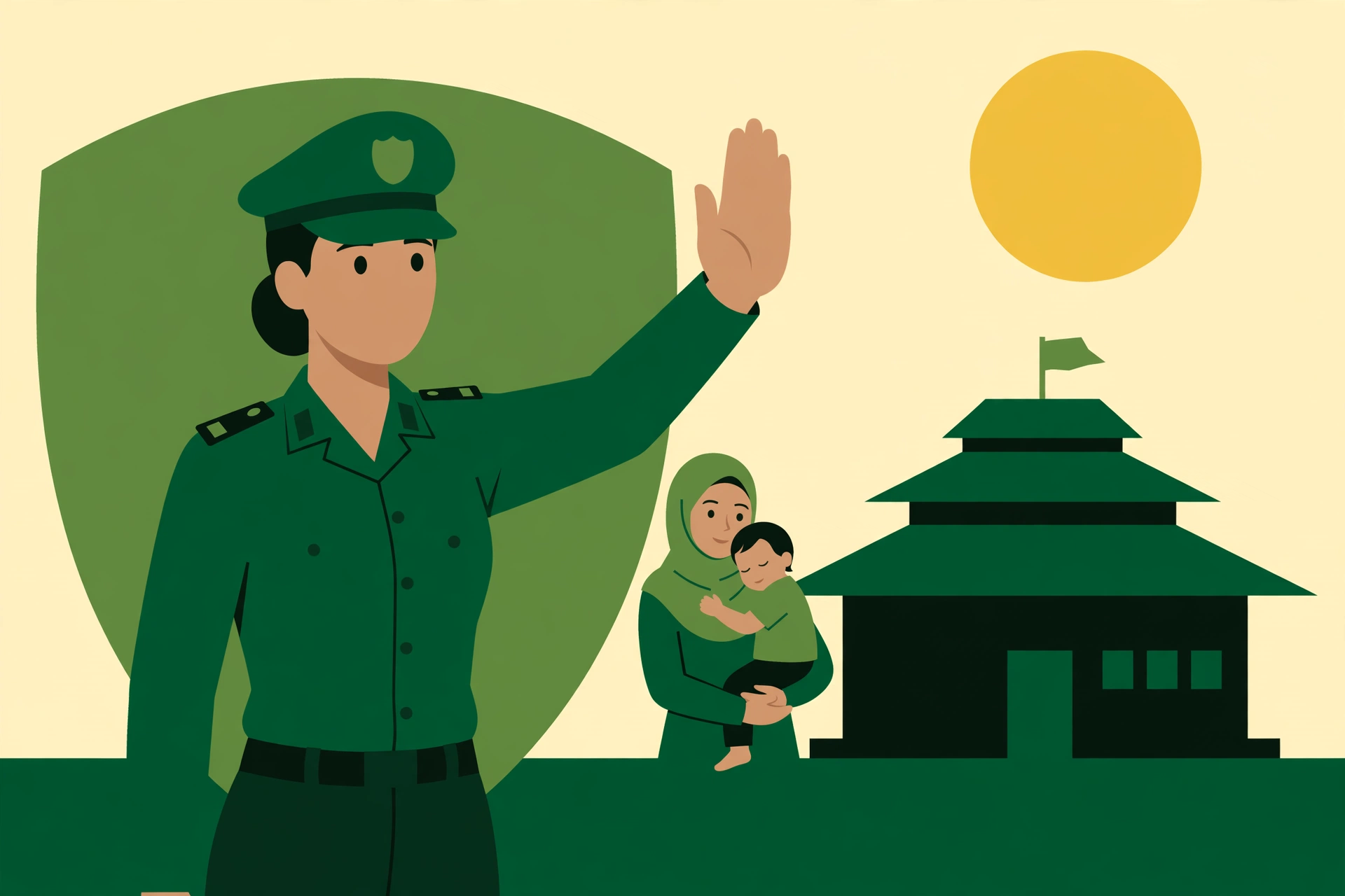 Ilustrasi polwan Kasatres PPA Polres Magelang Kota melindungi ibu dan anak di depan kantor polisi