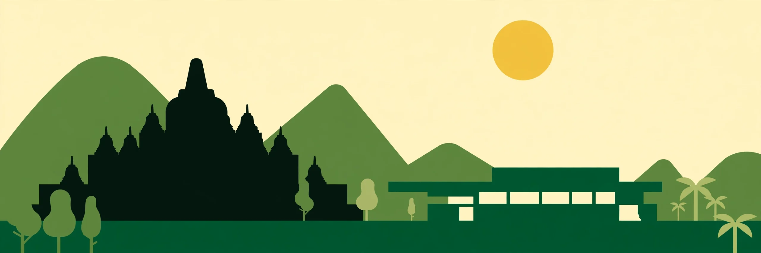Ilustrasi siluet Candi Borobudur dan gedung museum dalam transformasi Museum Borobudur