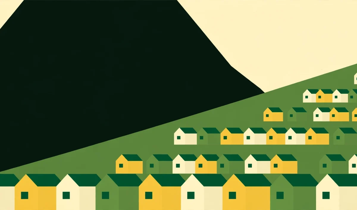 Ilustrasi vektor rumah-rumah warna-warni bertumpuk di lereng Gunung Sumbing di Dusun Butuh, Nepal van Java