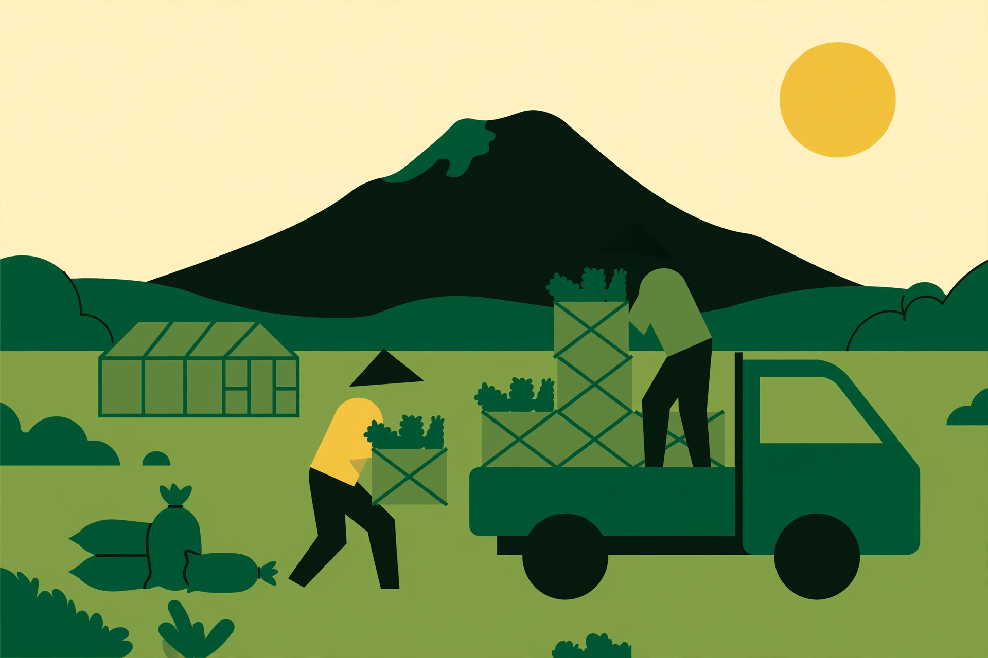 Ilustrasi petani memuat hasil panen sayuran ke mobil logistik di desa