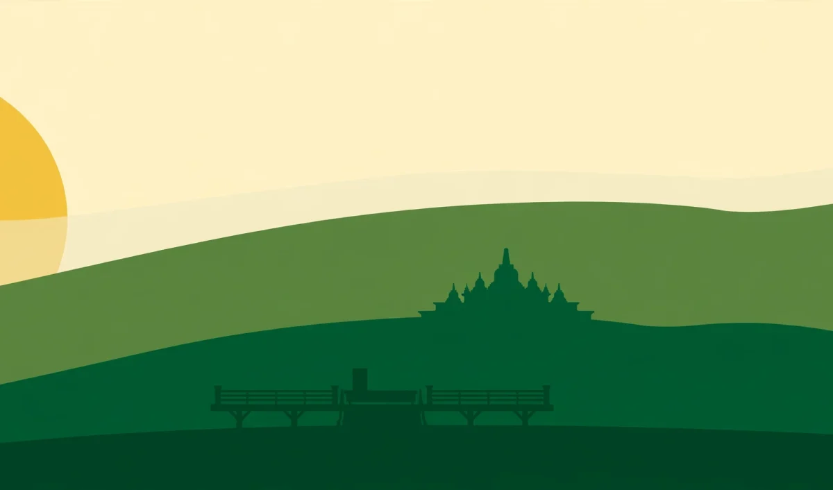 Ilustrasi vektor matahari terbit dari Punthuk Setumbu dengan siluet Borobudur di kejauhan